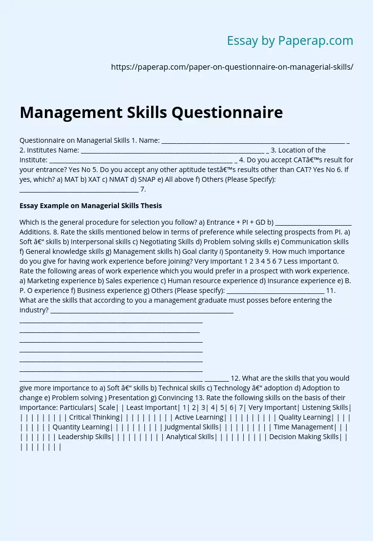 Management Skills Questionnaire
