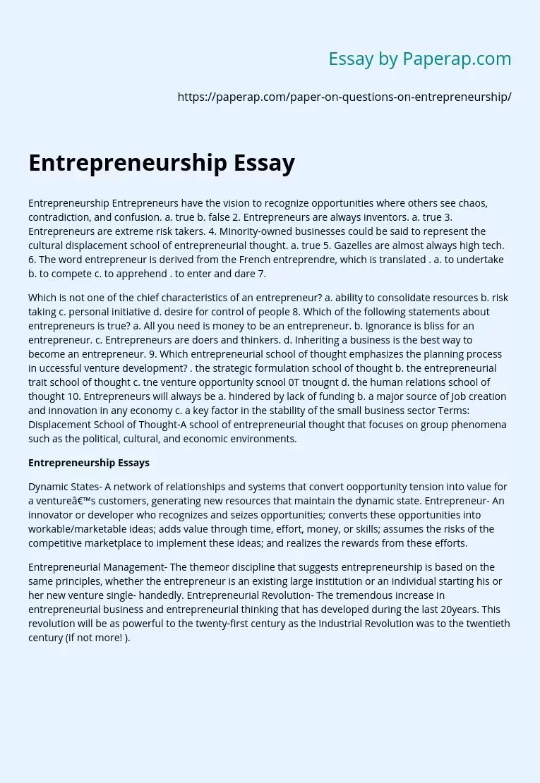 entrepreneurship essay questions and answers pdf