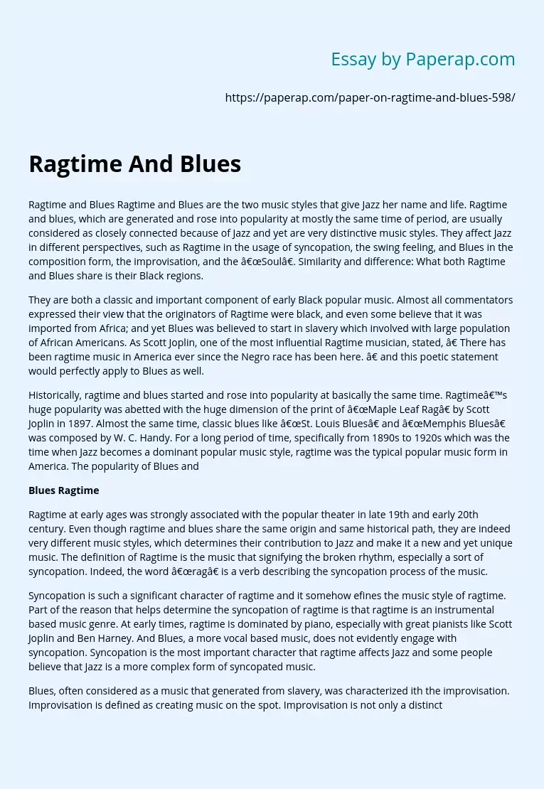 Ragtime and Blues Ragtime and Blues