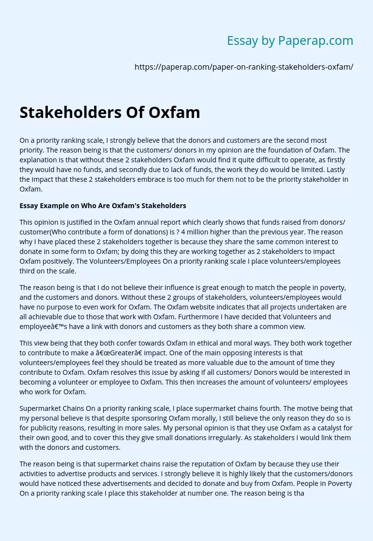 Stakeholders Of Oxfam Ranking Issue