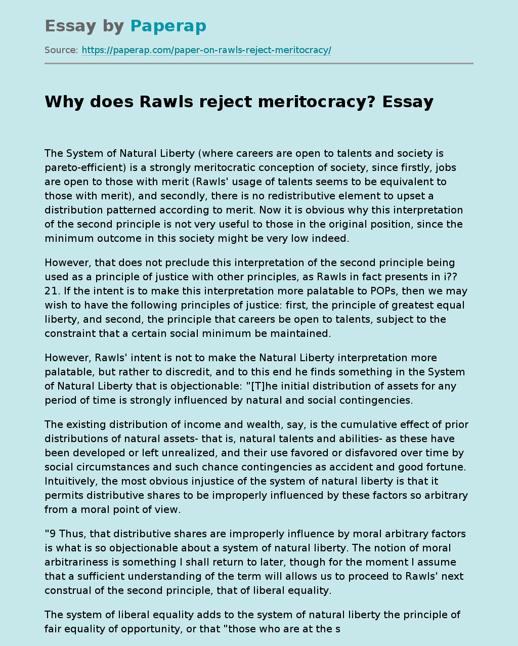 Why does Rawls reject meritocracy?