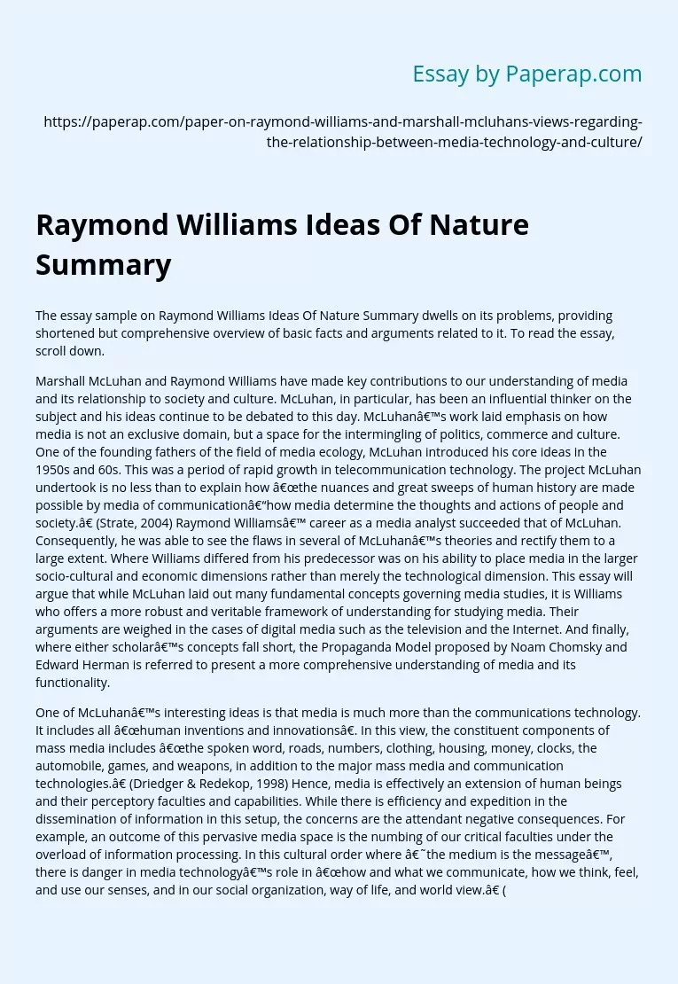 Raymond Williams Ideas Of Nature Summary