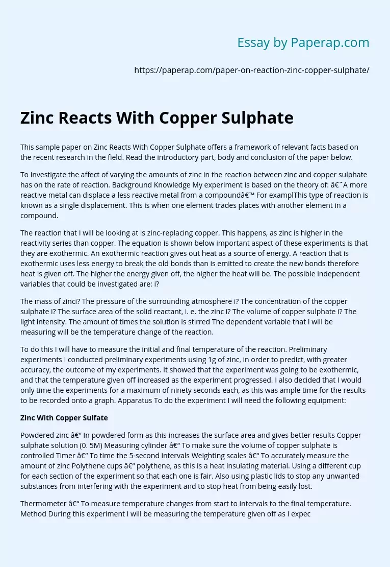 Zinc Reacts With Copper Sulphate