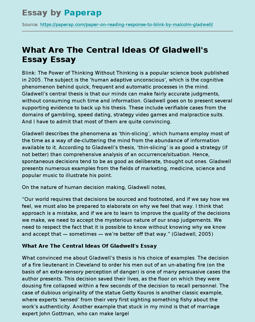 What Are The Central Ideas Of Gladwell's Essay