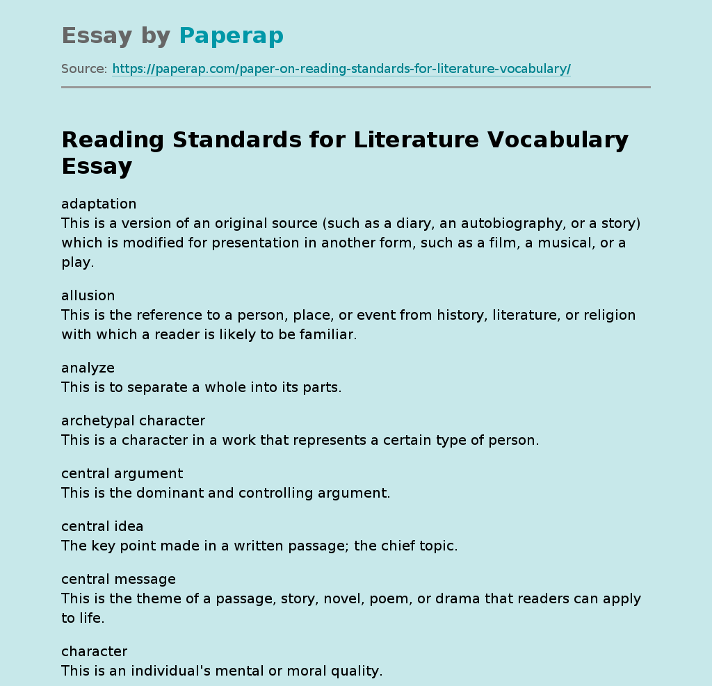 Reading Standards for Literature Vocabulary