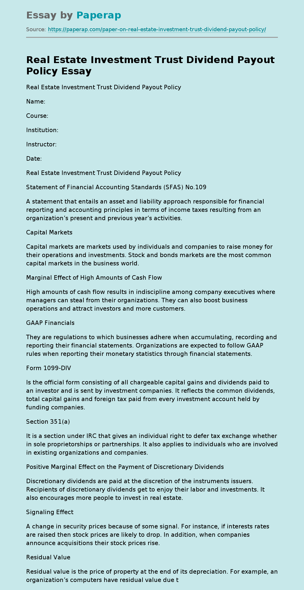 Real Estate Investment Trust Dividend Payout Policy