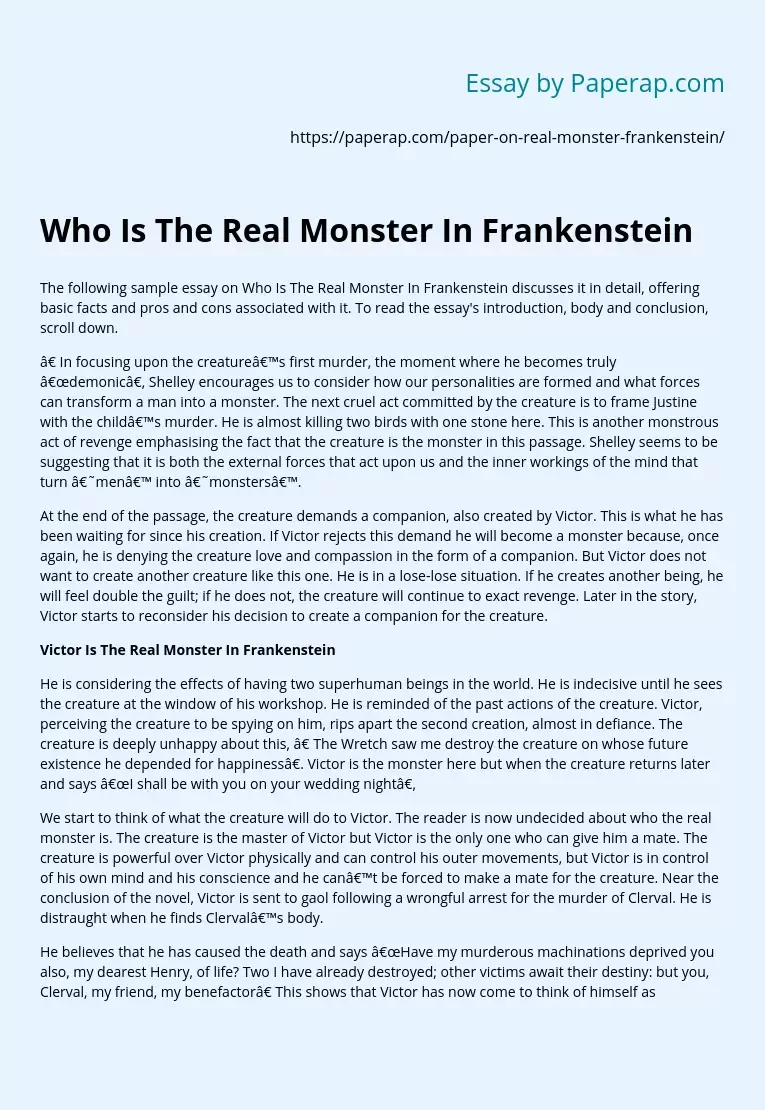 Реферат: Frankenstien Essay Research Paper The Monster
