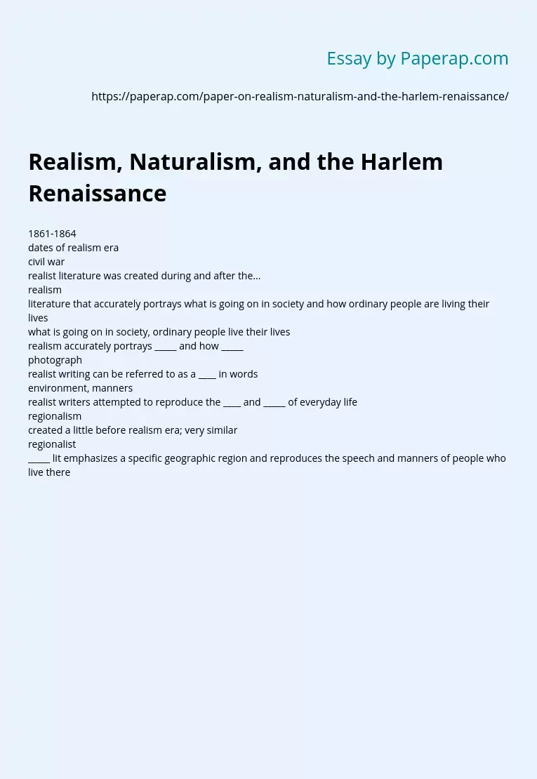 Realism, Naturalism, and the Harlem Renaissance