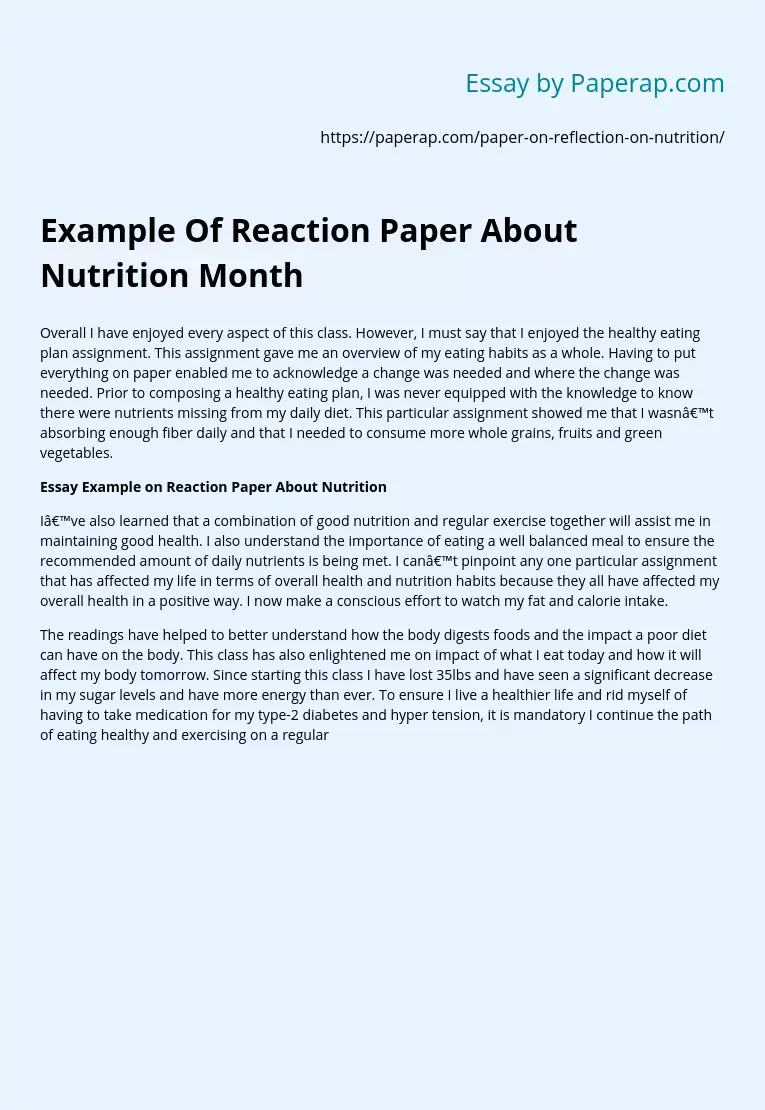 Example Of Reaction Paper About Nutrition Month