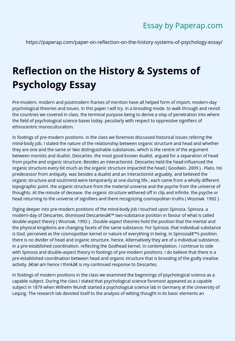 Reflection on the History &amp; Systems of Psychology Essay