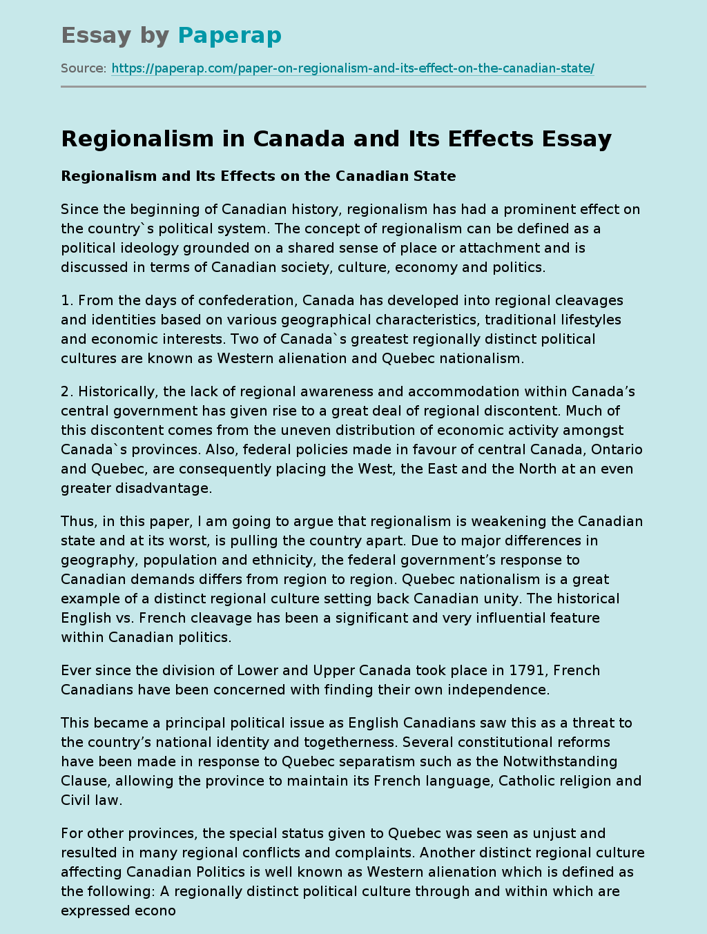 Regionalism in Canada and Its Effects