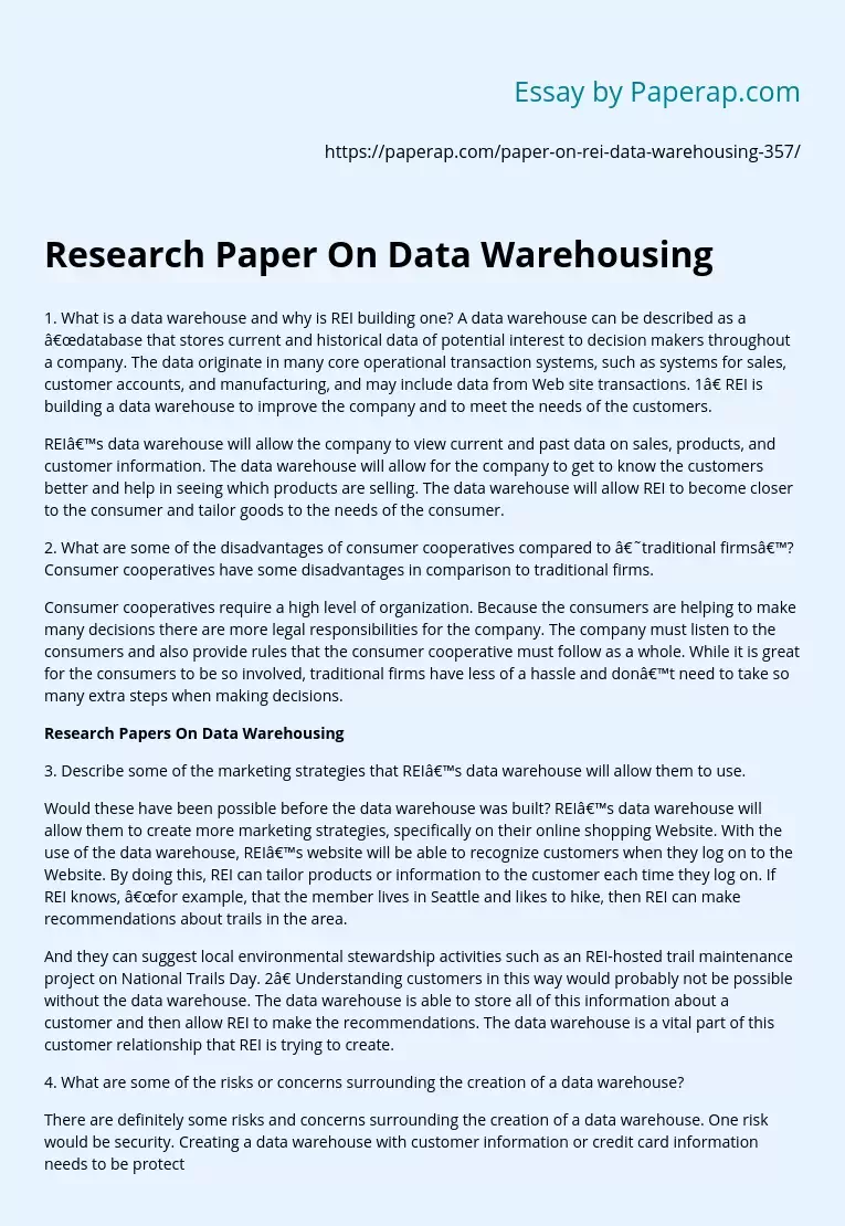 Research Paper On Data Warehousing