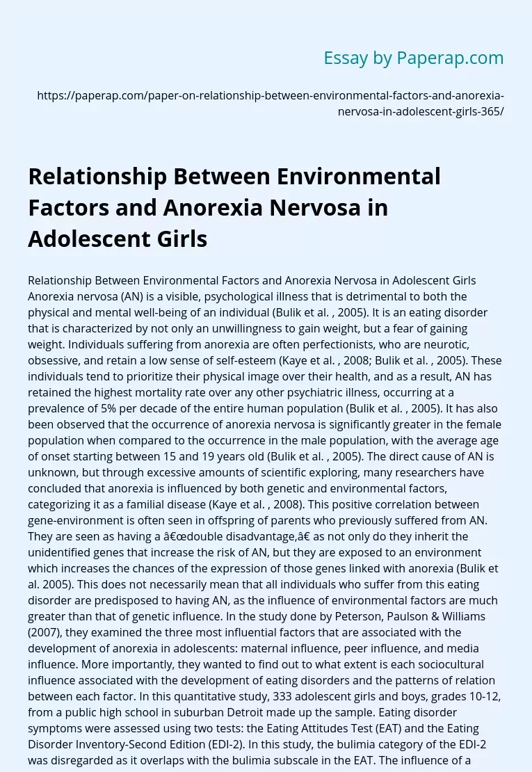Relationship Between Environmental Factors and Anorexia Nervosa in Adolescent Girls