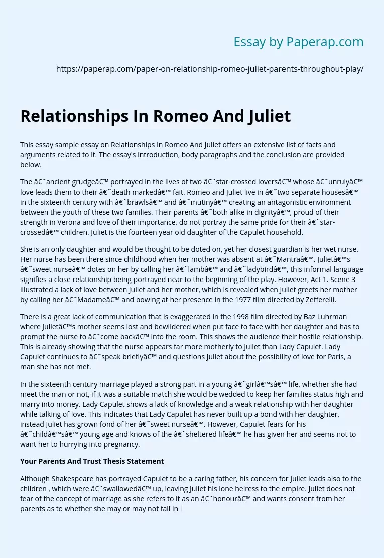 Relationships In Romeo And Juliet