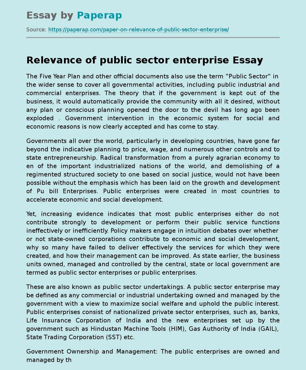 Relevance of public sector enterprise
