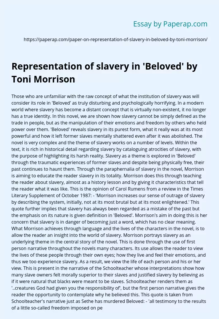 Representation of slavery in 'Beloved' by Toni Morrison