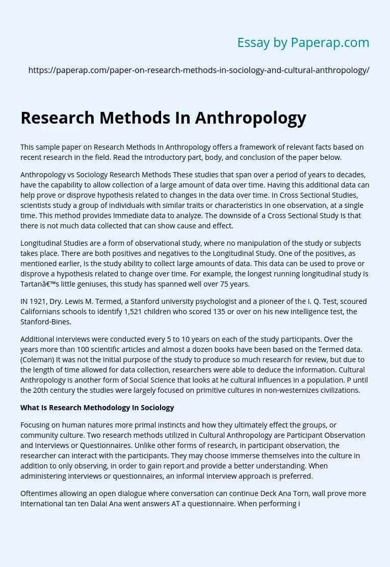 Research Methods In Anthropology