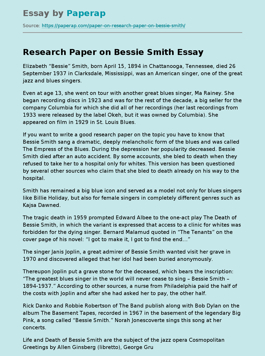 Research Paper on Bessie Smith