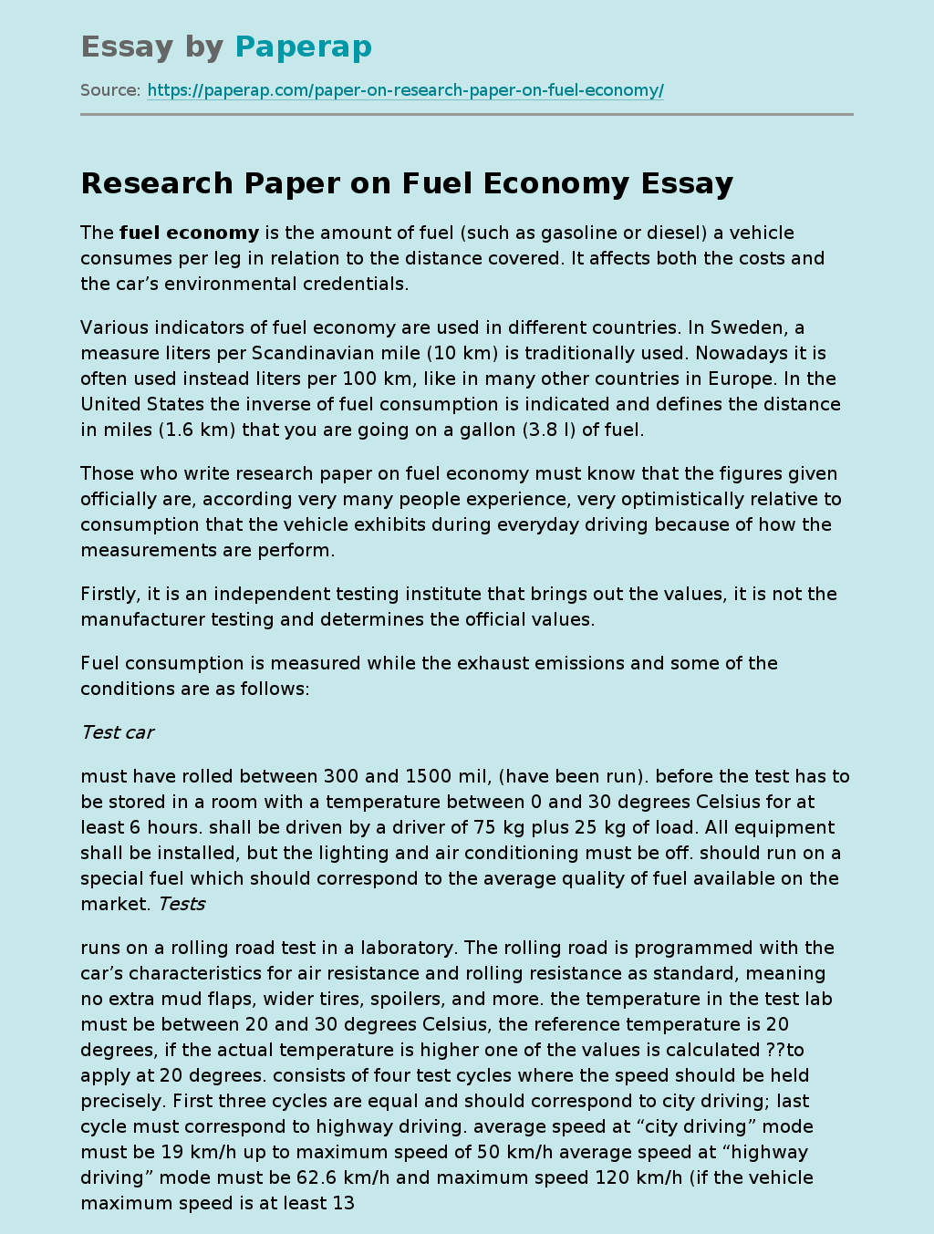 Research Paper on Fuel Economy
