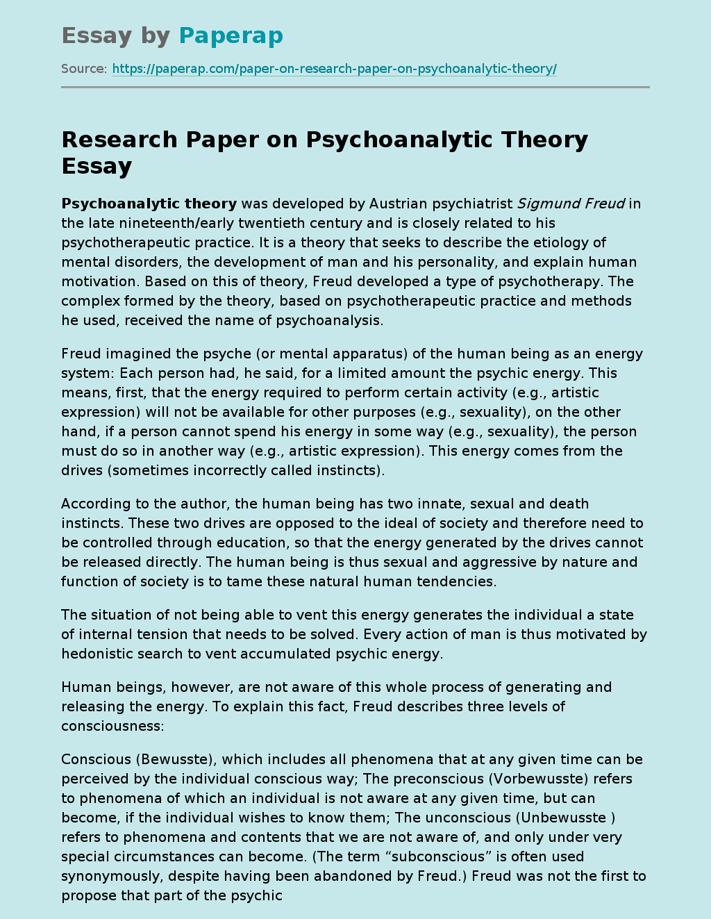 Research Paper on Psychoanalytic Theory