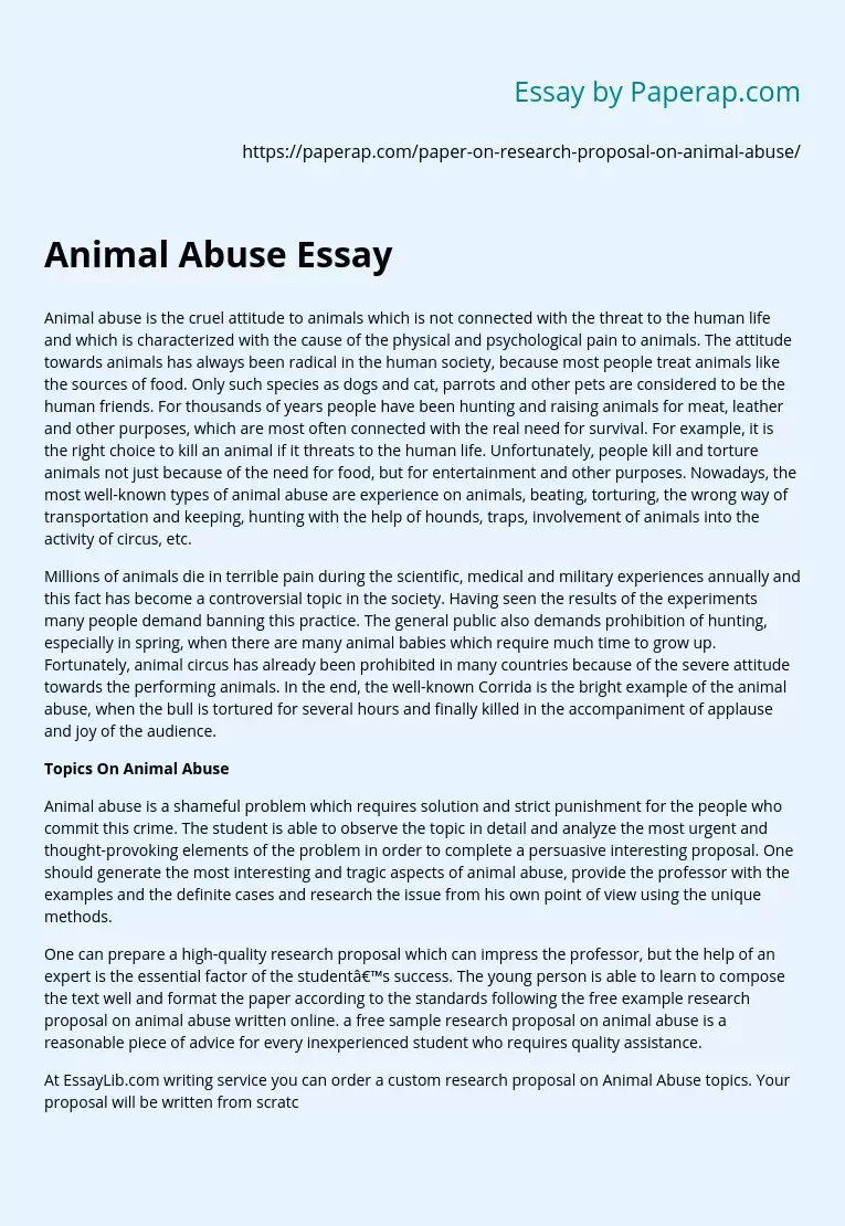 Research Proposal on Animal Abuse Free Essay Example