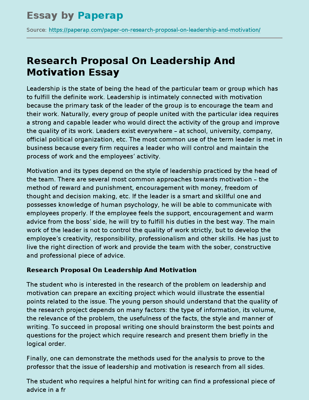 Research Proposal On Leadership And Motivation