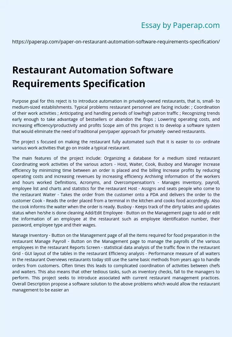 Restaurant Automation Software Requirements Specification