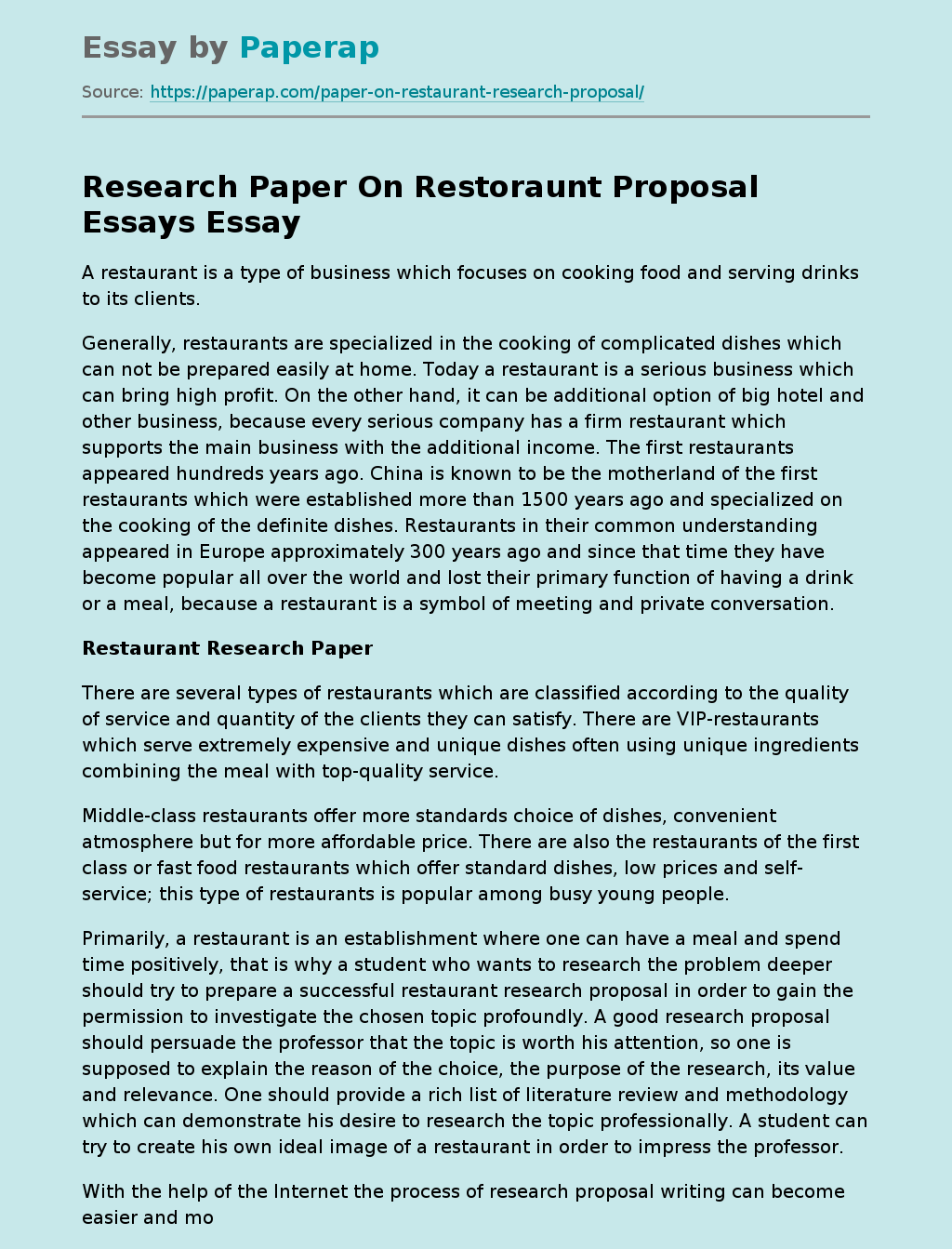 Research Paper On Restoraunt Proposal Essays