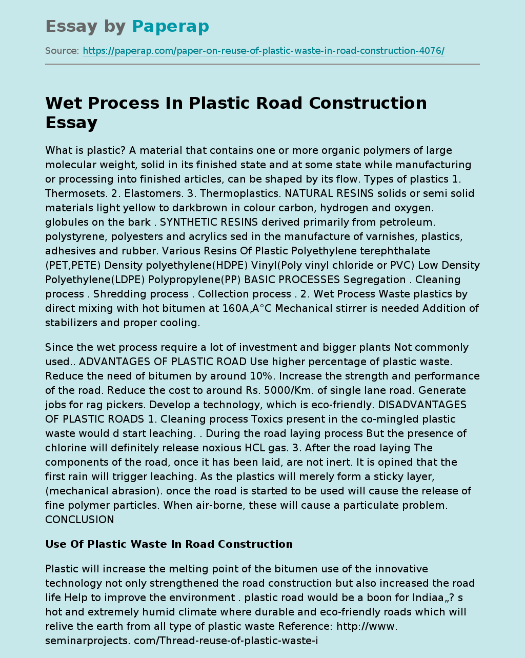 Wet Process In Plastic Road Construction