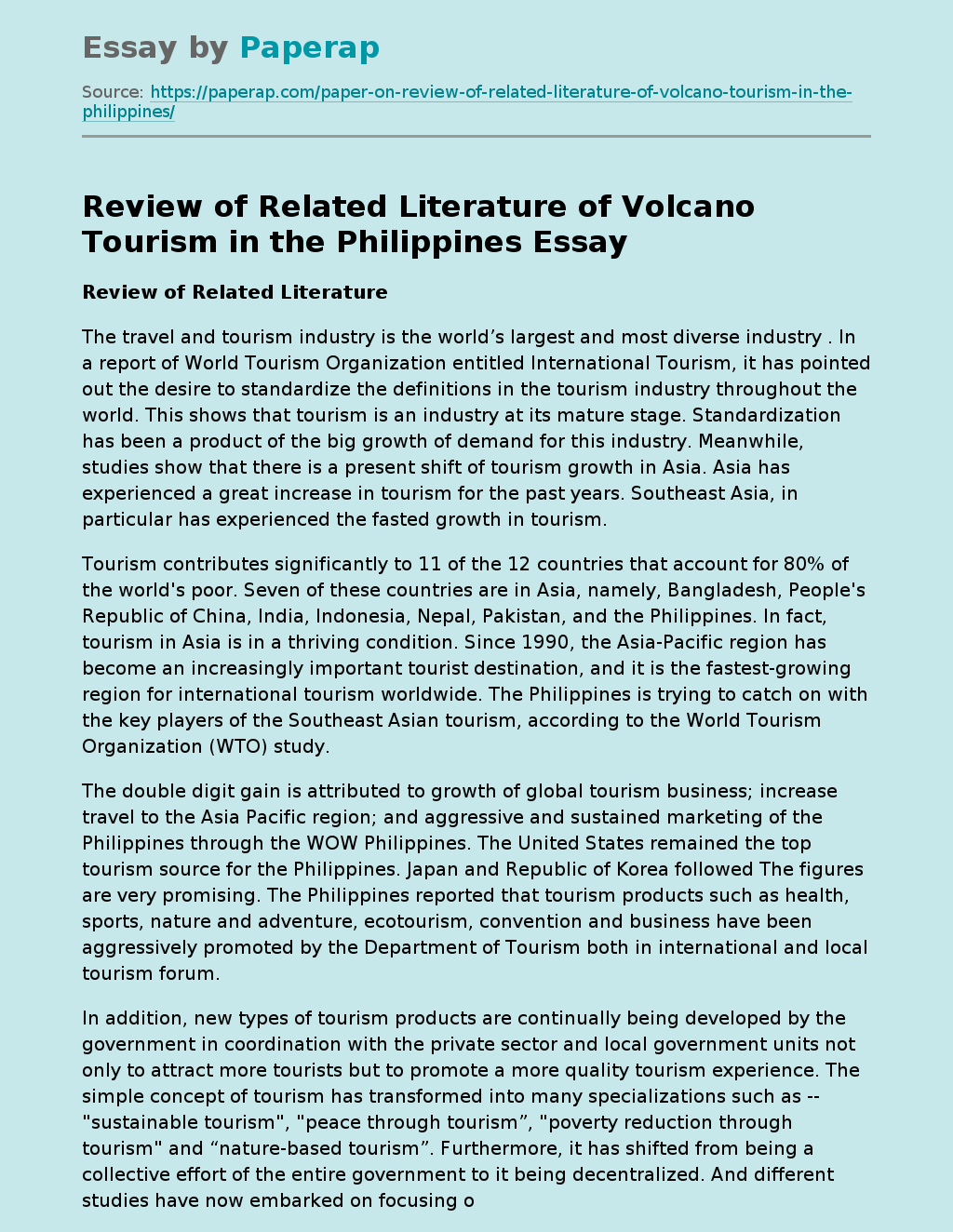 Review of Related Literature of Volcano Tourism in the Philippines