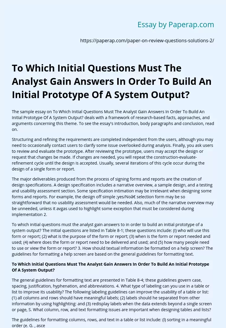 Initial Analyst Questions for a Prototype Output System