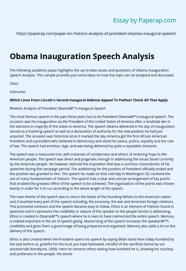 Obama Inauguration Speech Analysis Free Essay Example