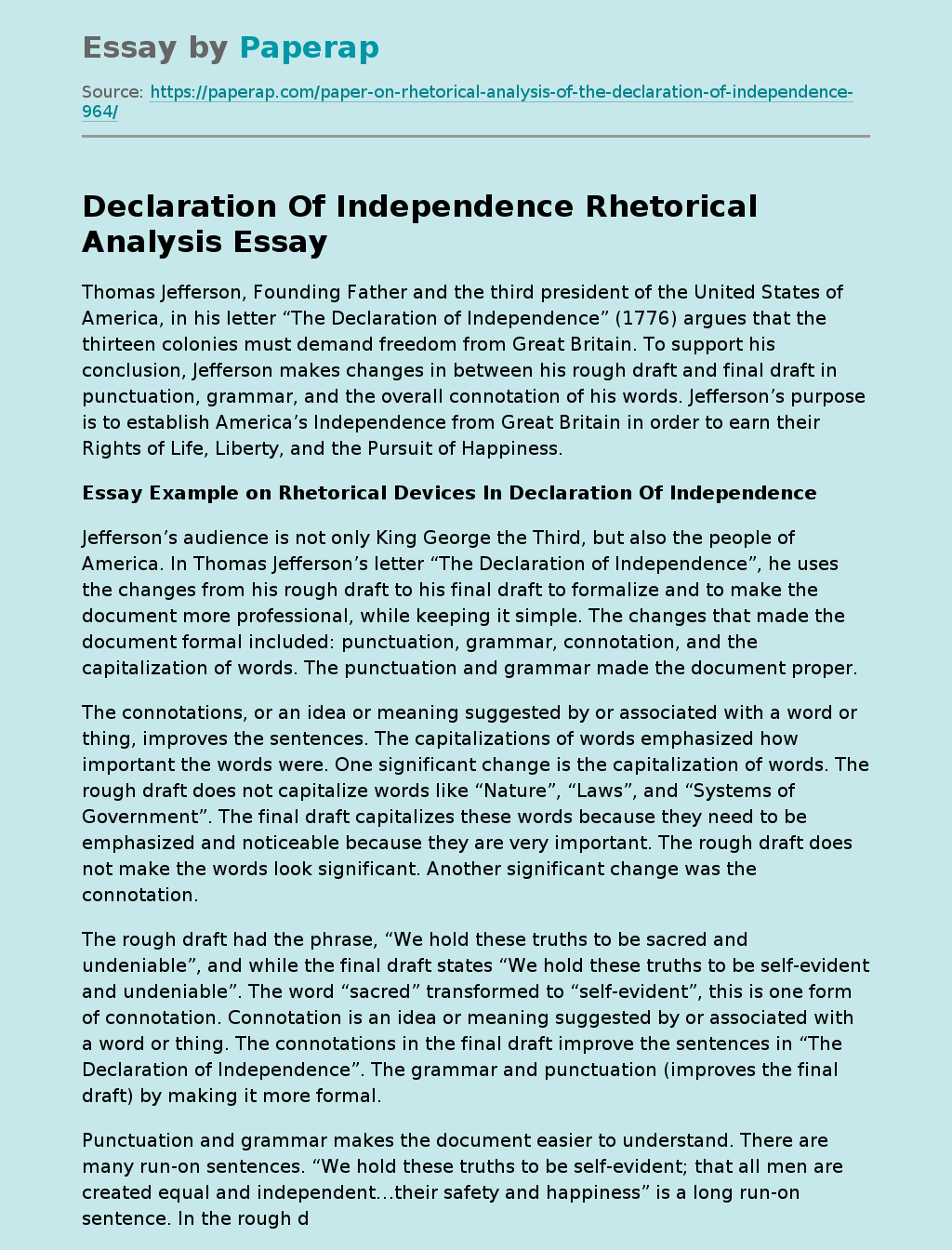 Declaration Of Independence Rhetorical Analysis