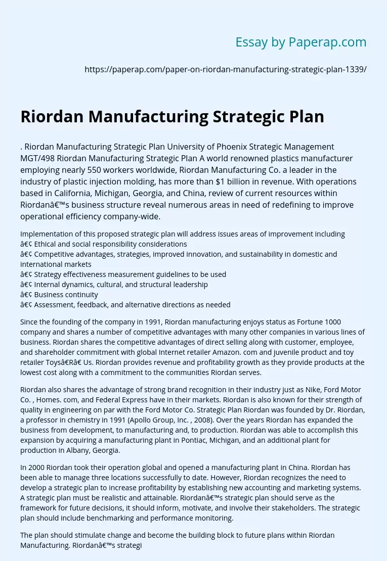 Riordan Manufacturing Strategic Plan