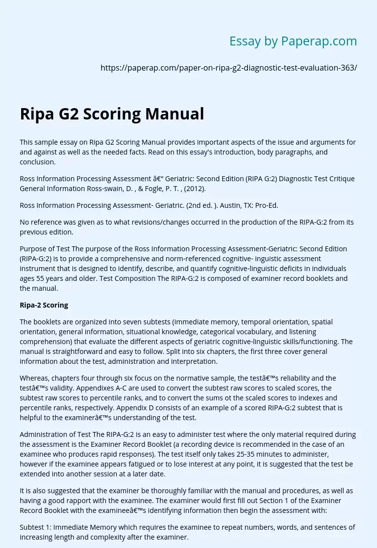 Ripa G2 Scoring Manual Free Essay Example