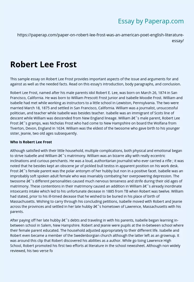 Sample Essay on Robert Lee Frost