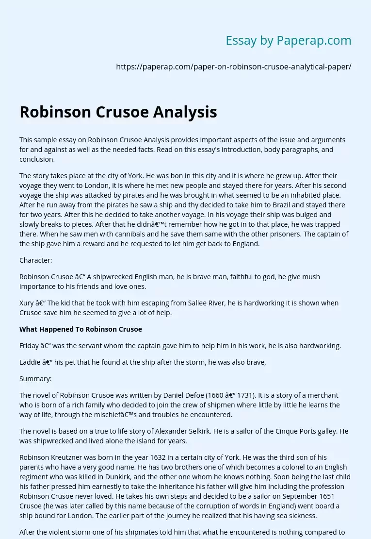 Реферат: Robinsin Crusoe Essay Research Paper A book