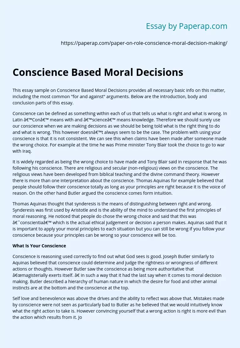 Conscience Based Moral Decisions