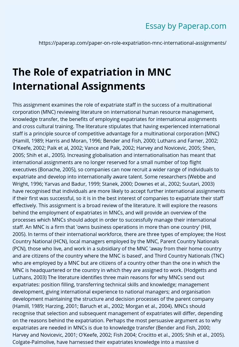 The Role of expatriation in MNC International Assignments