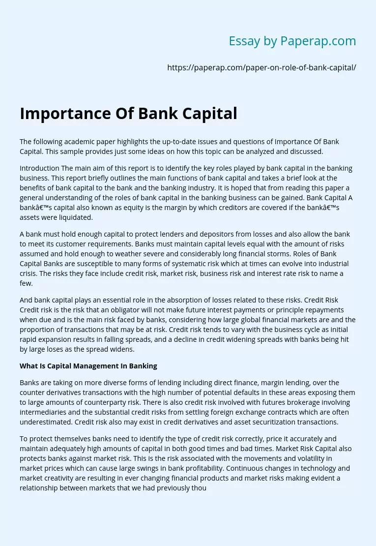 Issues of the Importance of Bank Capital