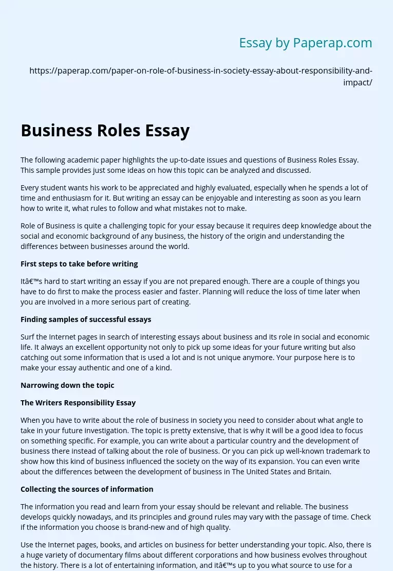 business roles essay grade 10