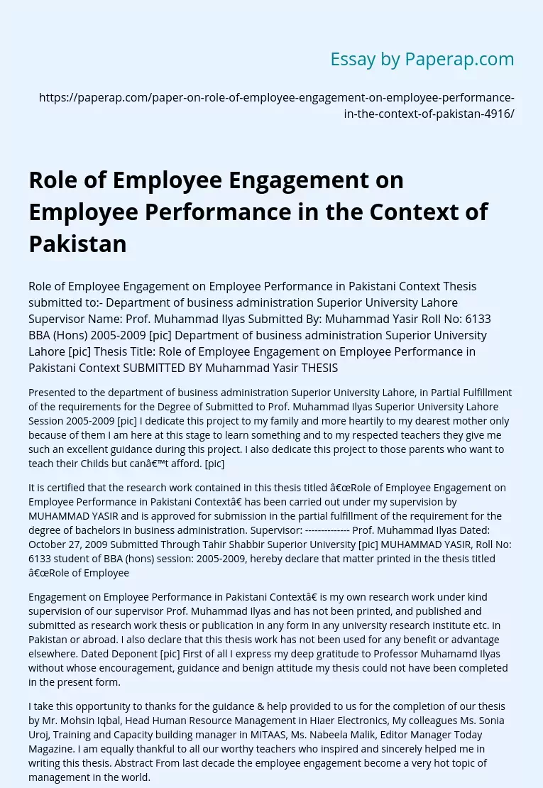 Role of Employee Engagement on Employee Performance in the Context of Pakistan