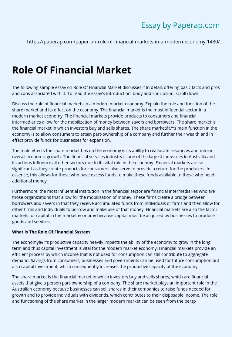 The Importance of Financial Markets in the Economy
