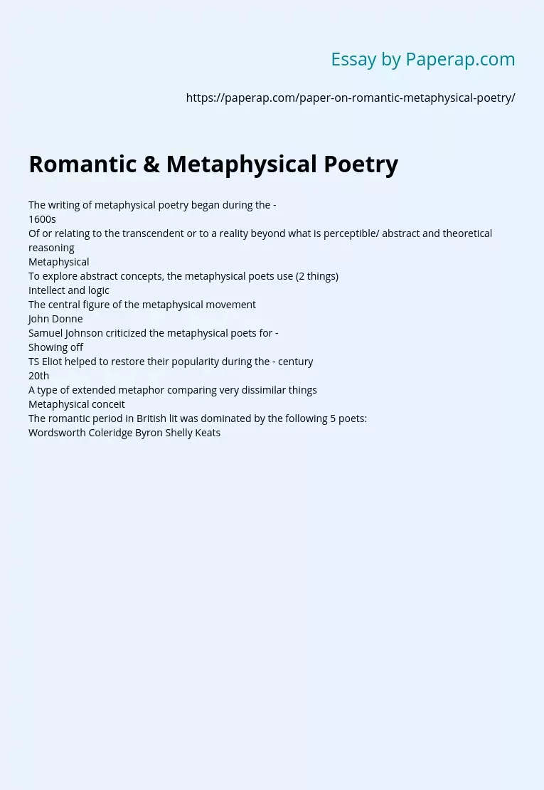 Romantic &amp; Metaphysical Poetry