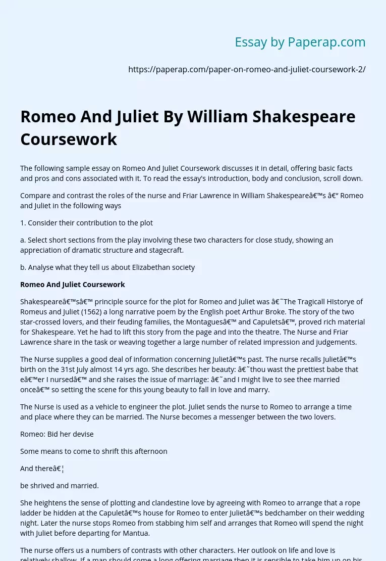 Romeo And Juliet By William Shakespeare  Coursework