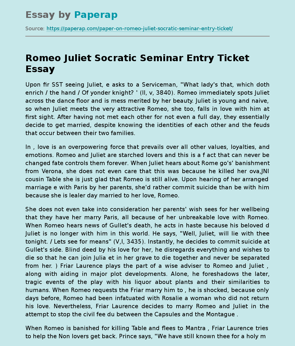 Romeo Juliet Socratic Seminar Entry Ticket