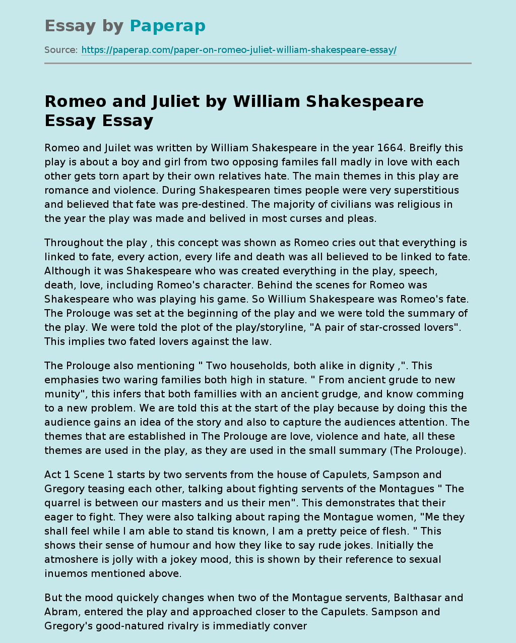 Shakespeare's Romeo & Juliet Forbidden Love