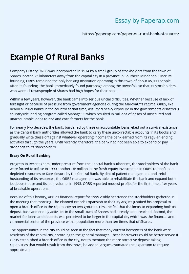 Example Of Rural Banks