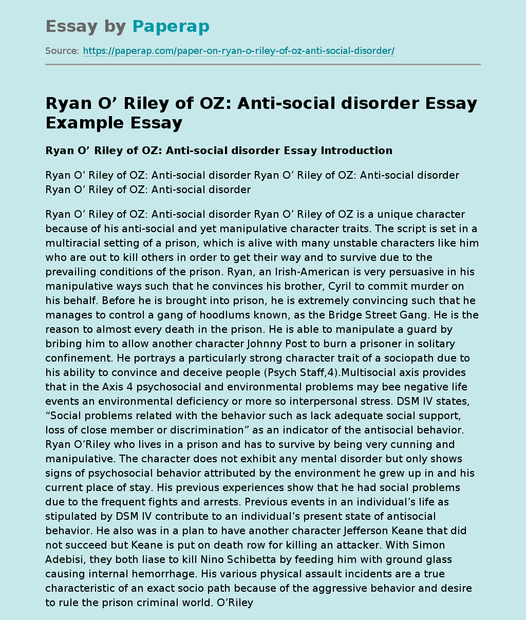 Ryan O’ Riley of OZ: Anti-social disorder Essay Example
