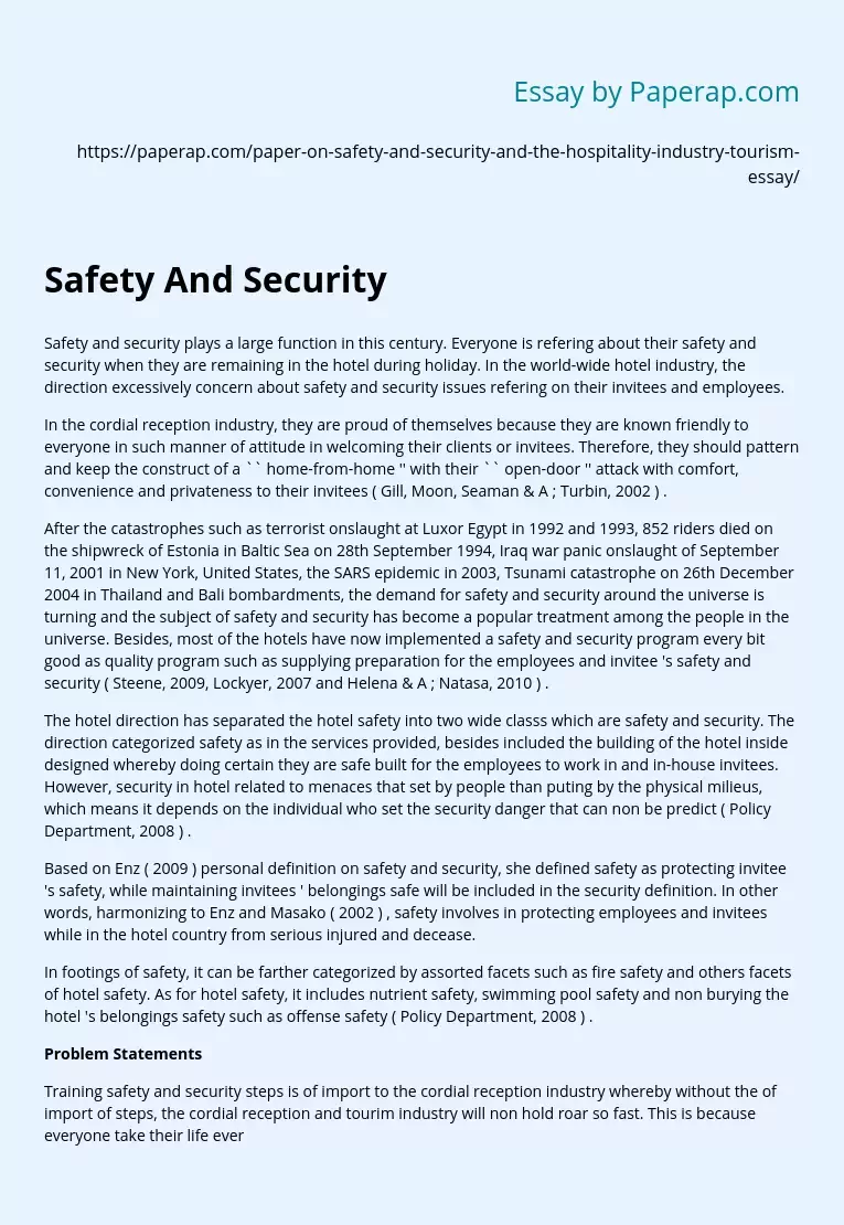 Safety And Security in Hospitality and Tourism